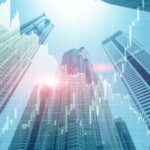 Universal finance abstract background Economic Trading growth graph chart on futuristic dubai city. Double exposure.